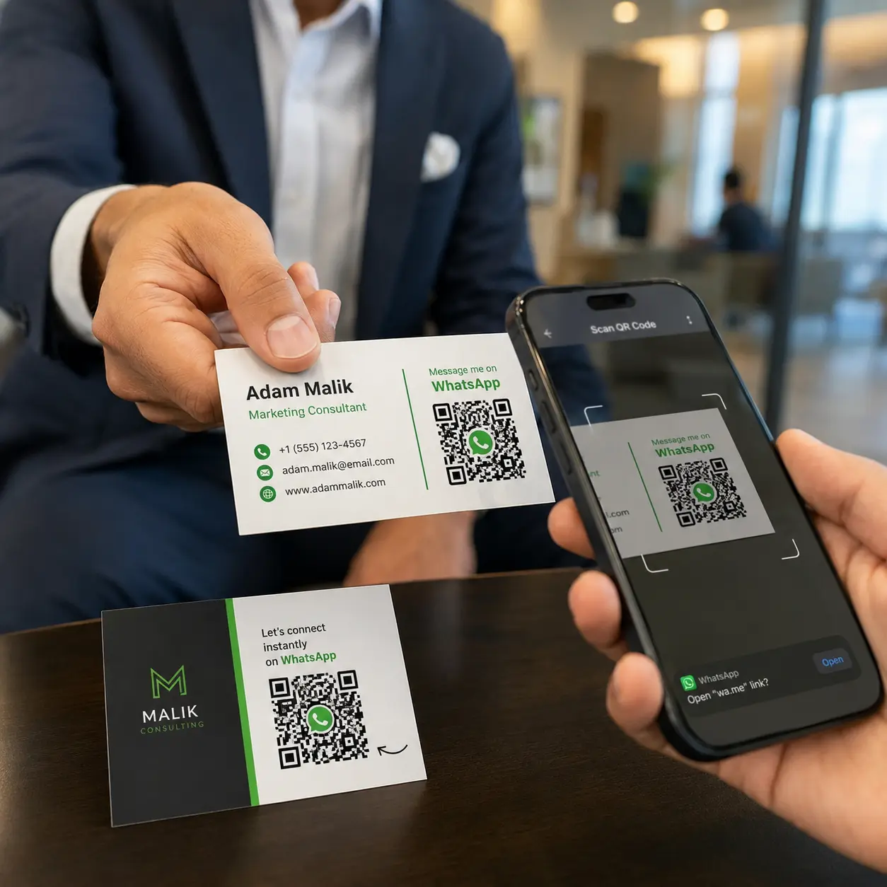 Business card with WhatsApp QR code