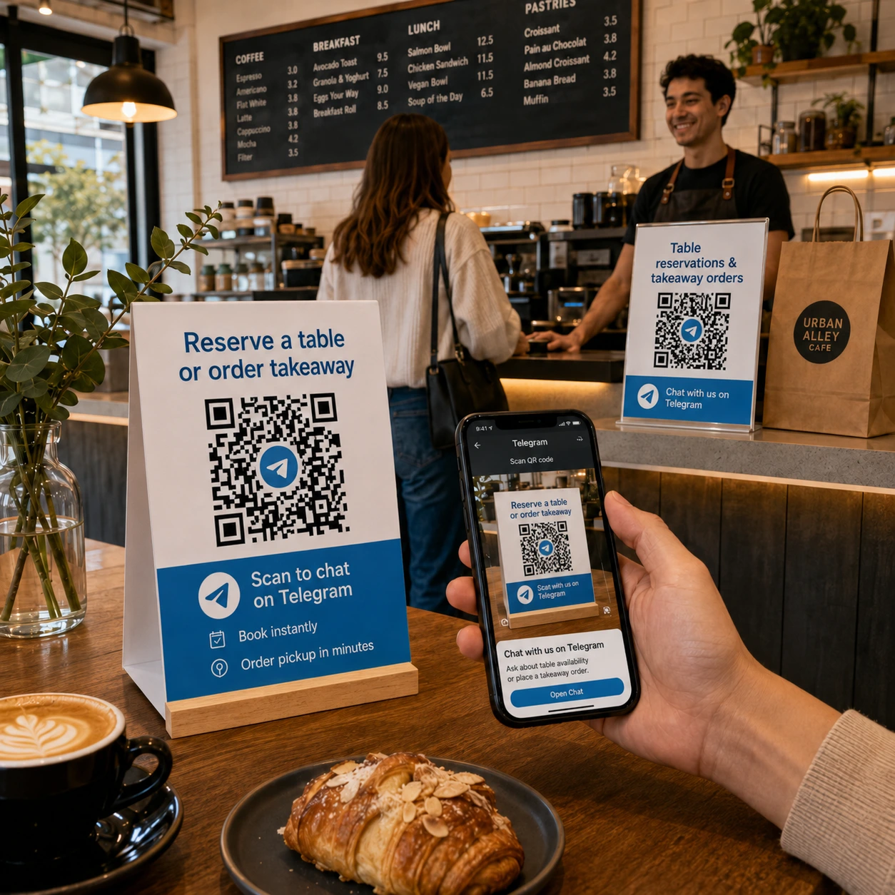 Cafe with Telegram QR code