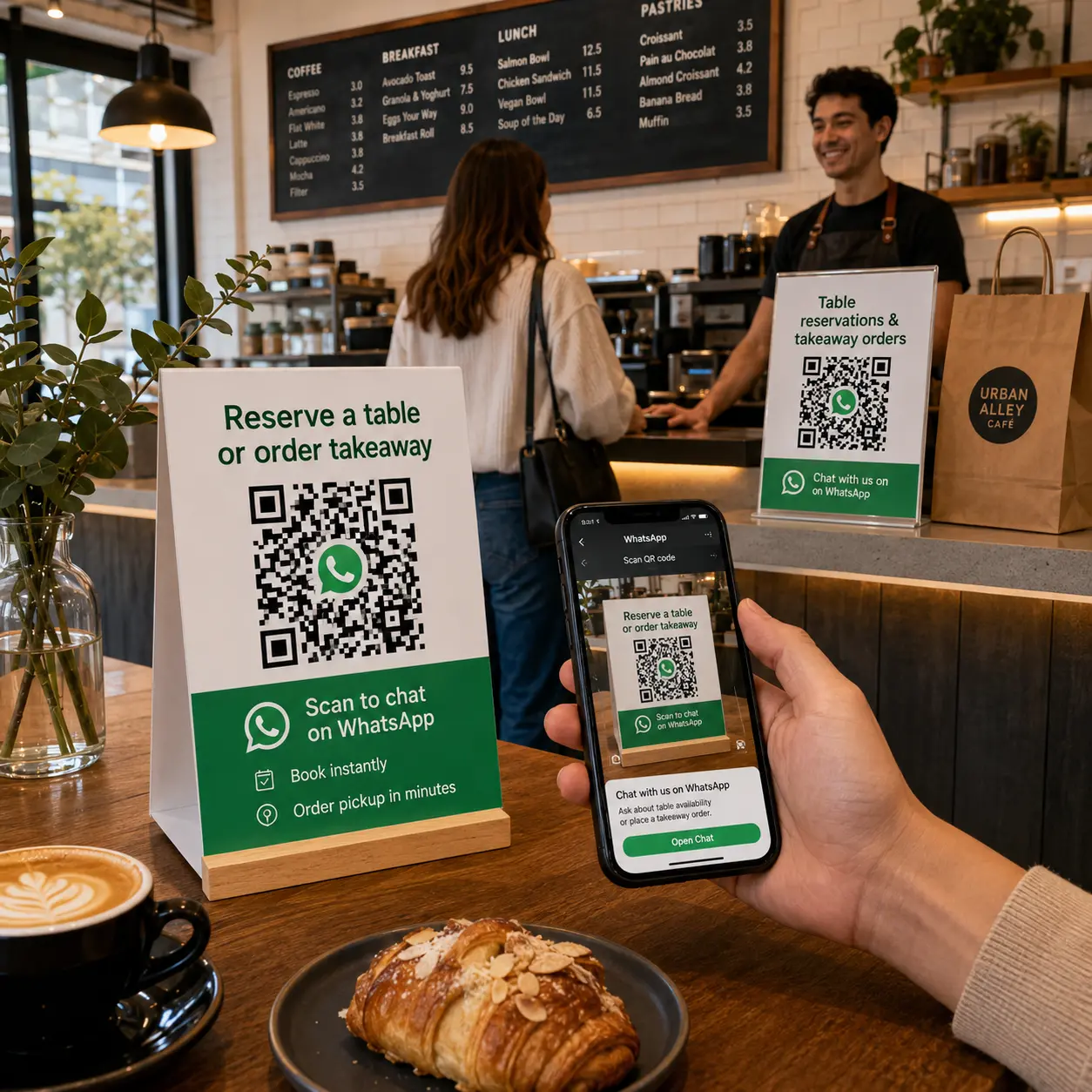 Cafe with WhatsApp QR code